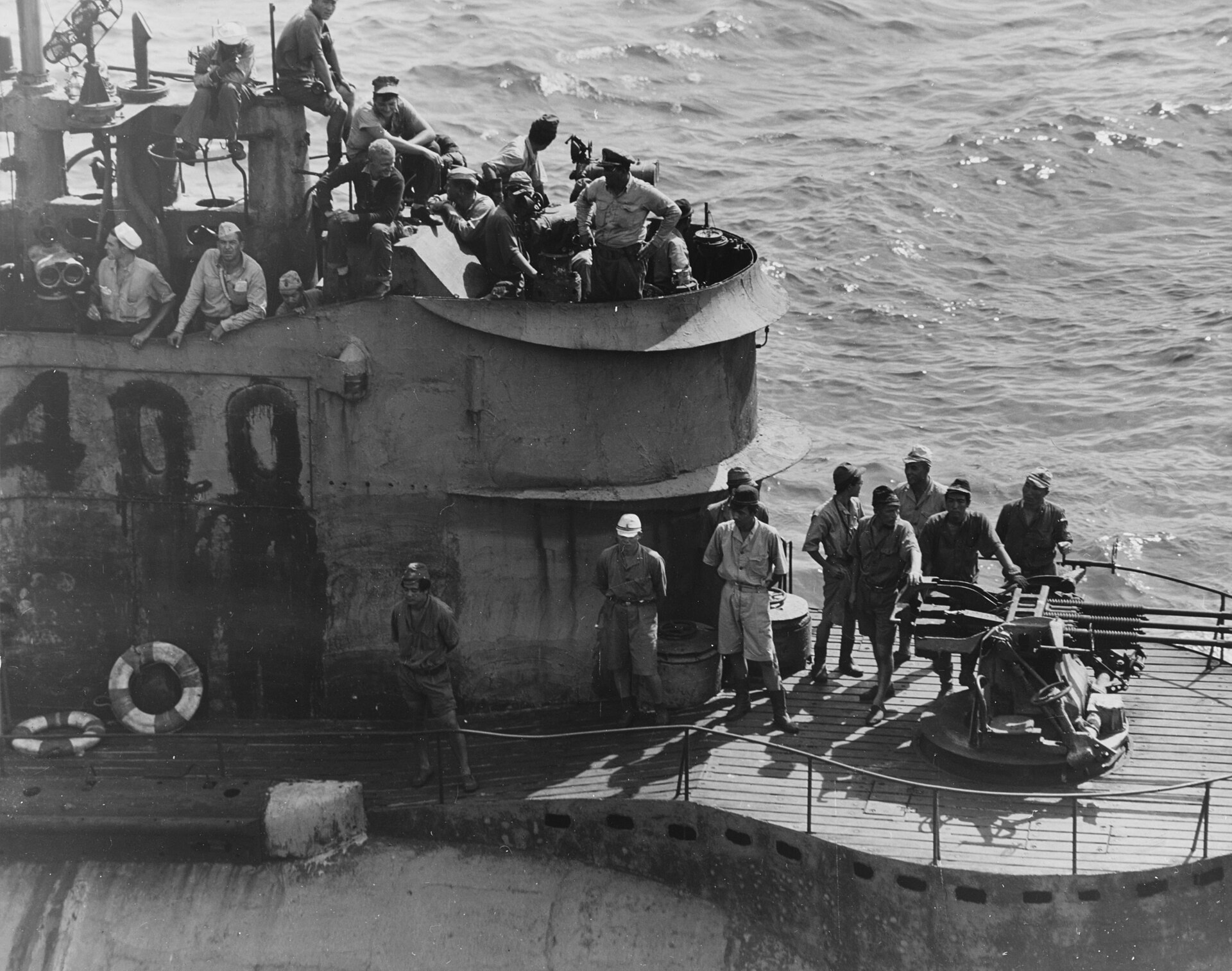Crew members aboard the Japanese I-400 submarine after its surrender in 1945