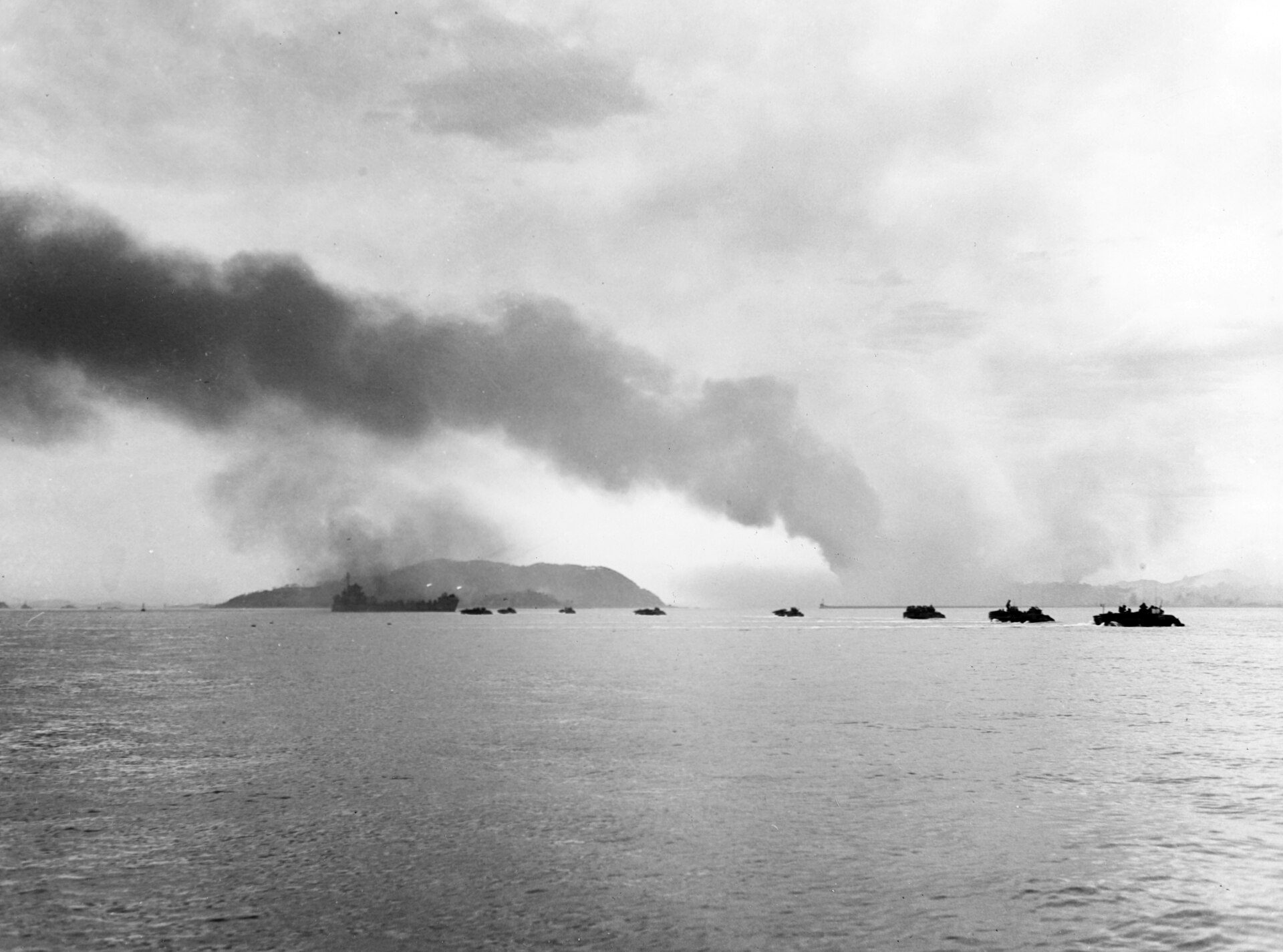 Landing craft approaching Inchon through smoke on September 15, 1950